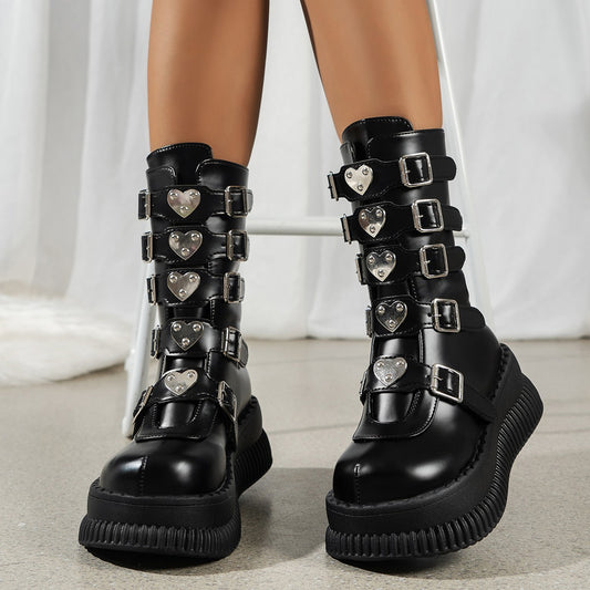 Botas Martin de media caña estilo punk oscuro con plataforma en forma de corazón para mujer