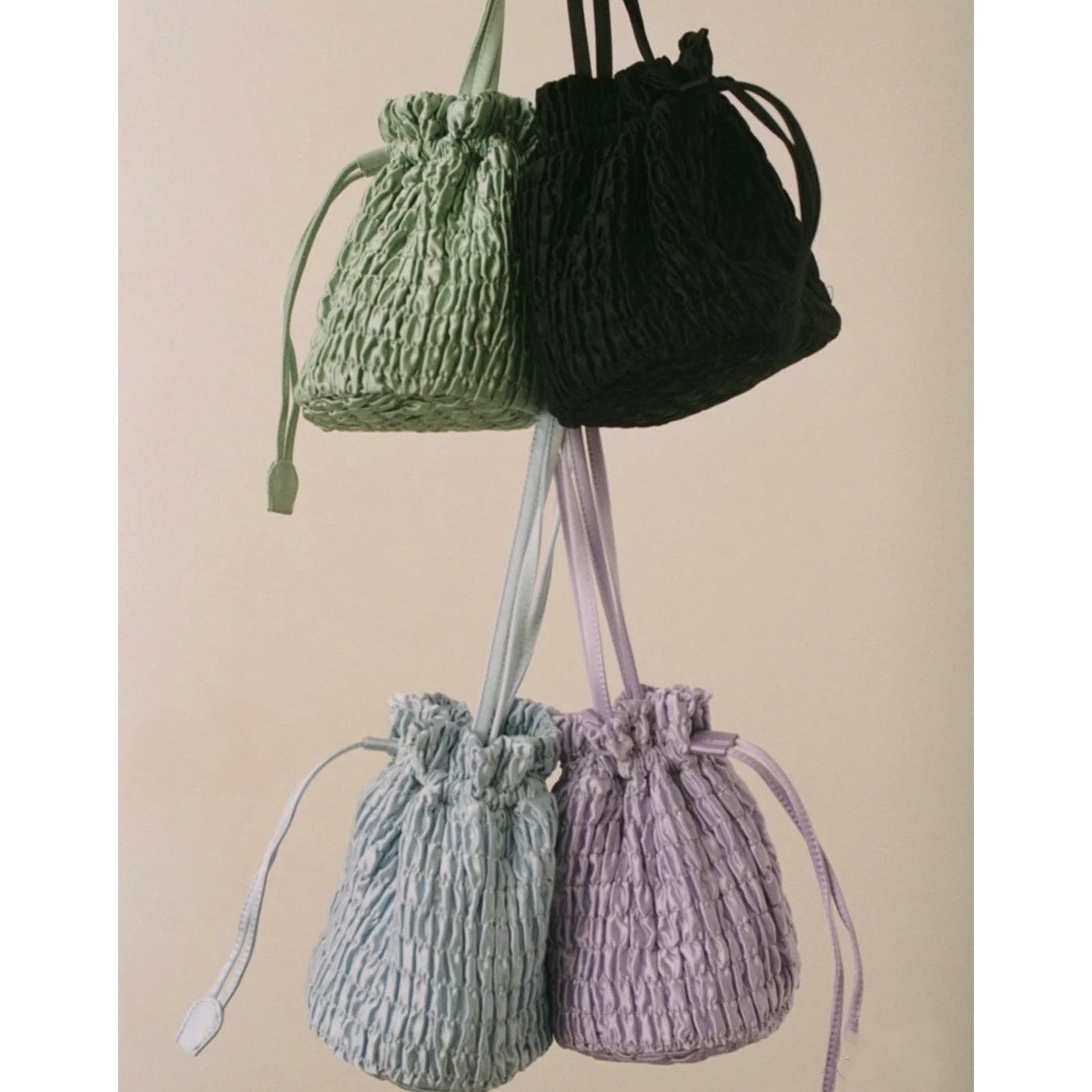 Women's Silk Pleated Drawstring Tote Shoulder Bag