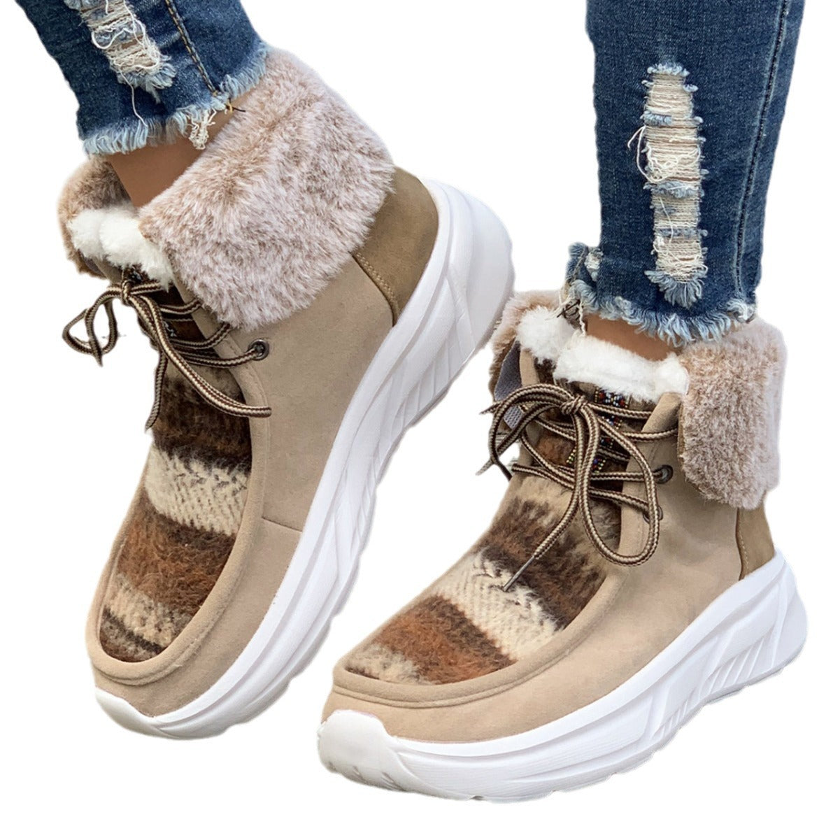 Botas de nieve con cordones para mujer, de felpa de color medio, con plataforma suave y forro térmico, antideslizantes, para invierno