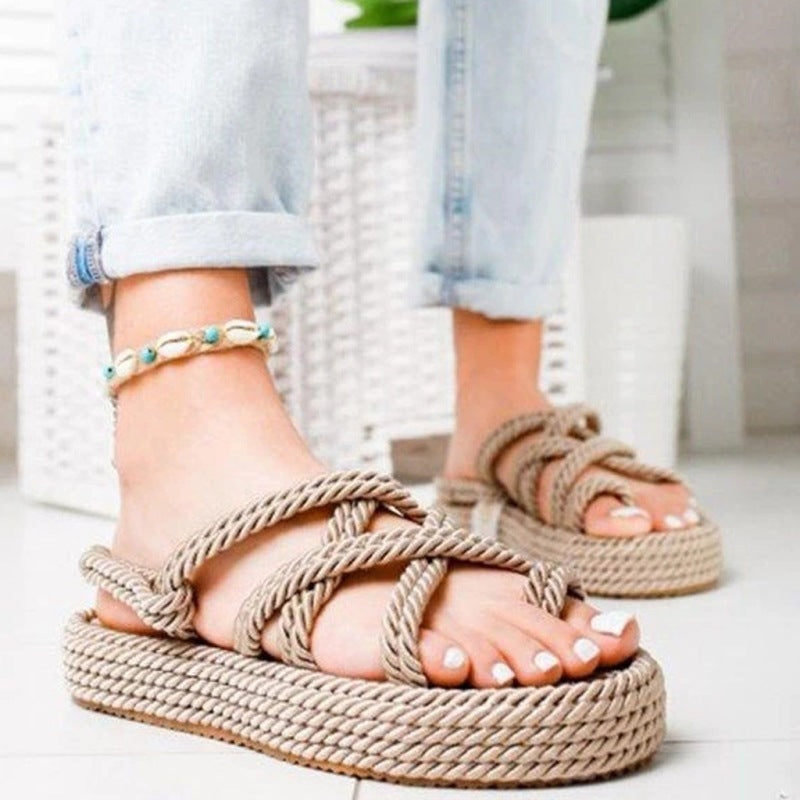 Sandalias bohemias para mujer con plataforma plana de cuerda de cáñamo