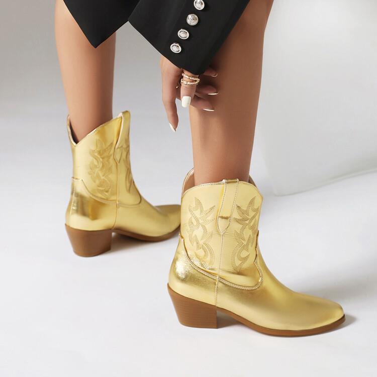 Bottes hautes en cuir verni miroir avec broderies, pointues, mi-mollet, talon haut épais brodé