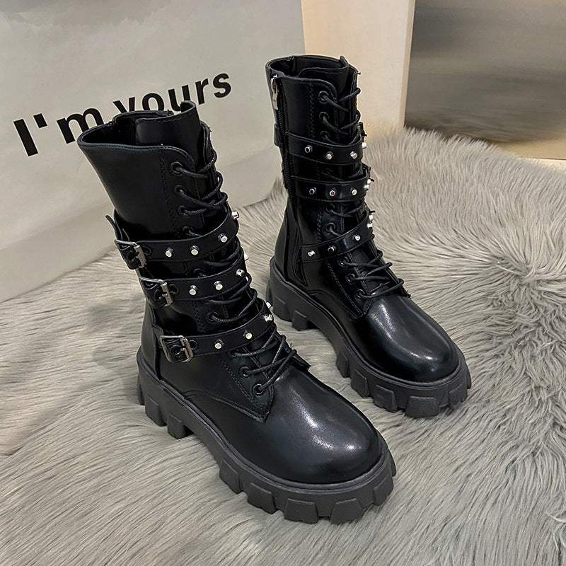 Bottes mi-hautes Punk à lacets et fermeture éclair latérale pour femme