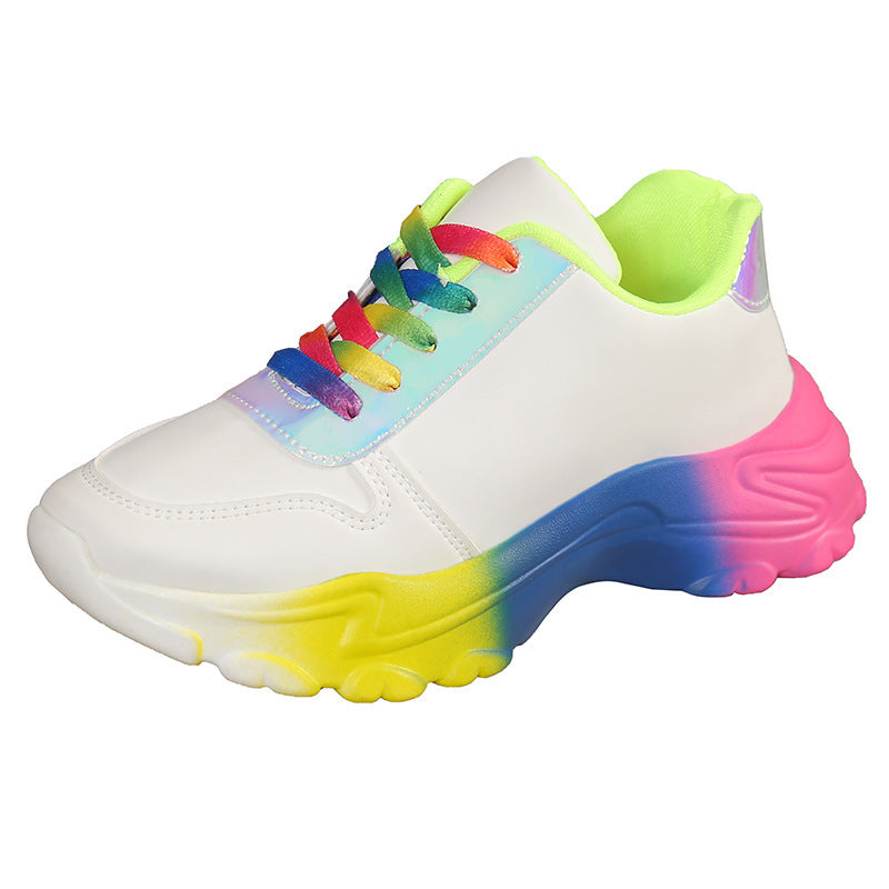 Chaussures de sport de couleur arc-en-ciel de style INS pour femmes, baskets à lacets à semelle épaisse, chaussures de course légères et décontractées à la mode