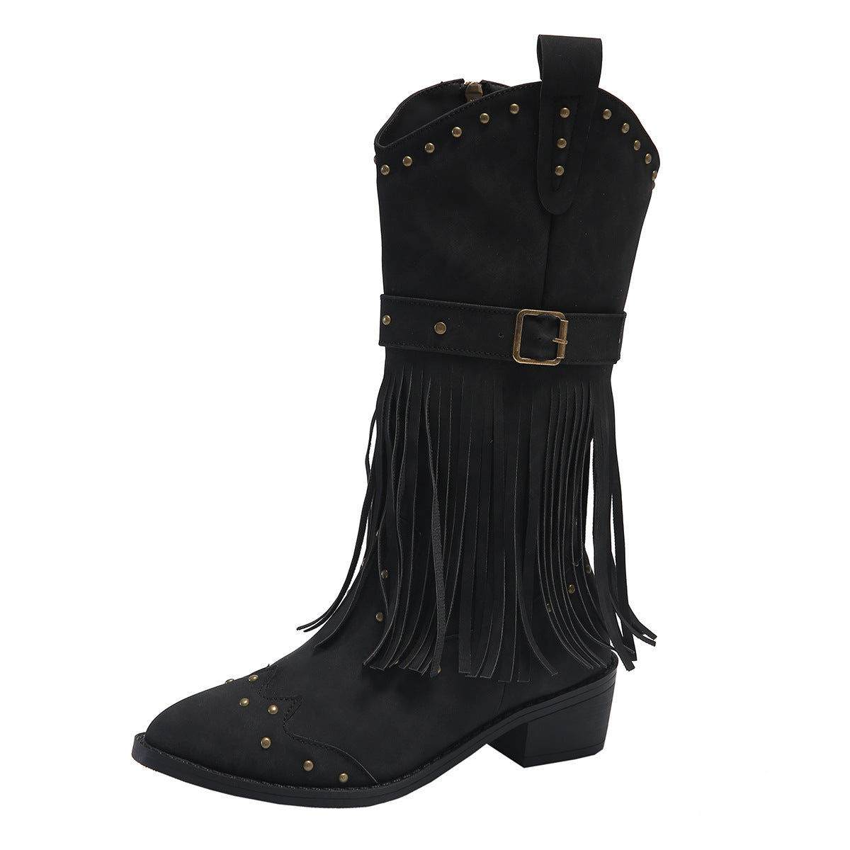 Bottes à pompon rétro avec boucle à rivets, chaussures de conception pour femmes, chaussures d'hiver à la mode, bottes western chevalier à talon carré mi-mollet