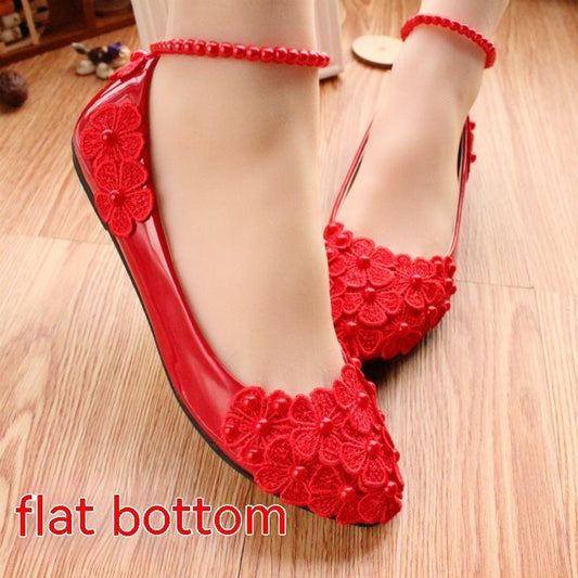 Red Bridal Shoes Pearl Anklet Large Size Women's Shoes