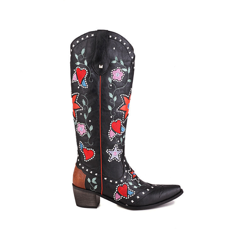 Denim Pointed Toe Chunky Heel Embroidered Rivets Boots