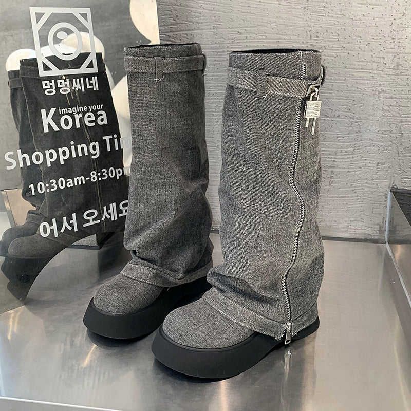 Women's French-style Platform Denim Boots