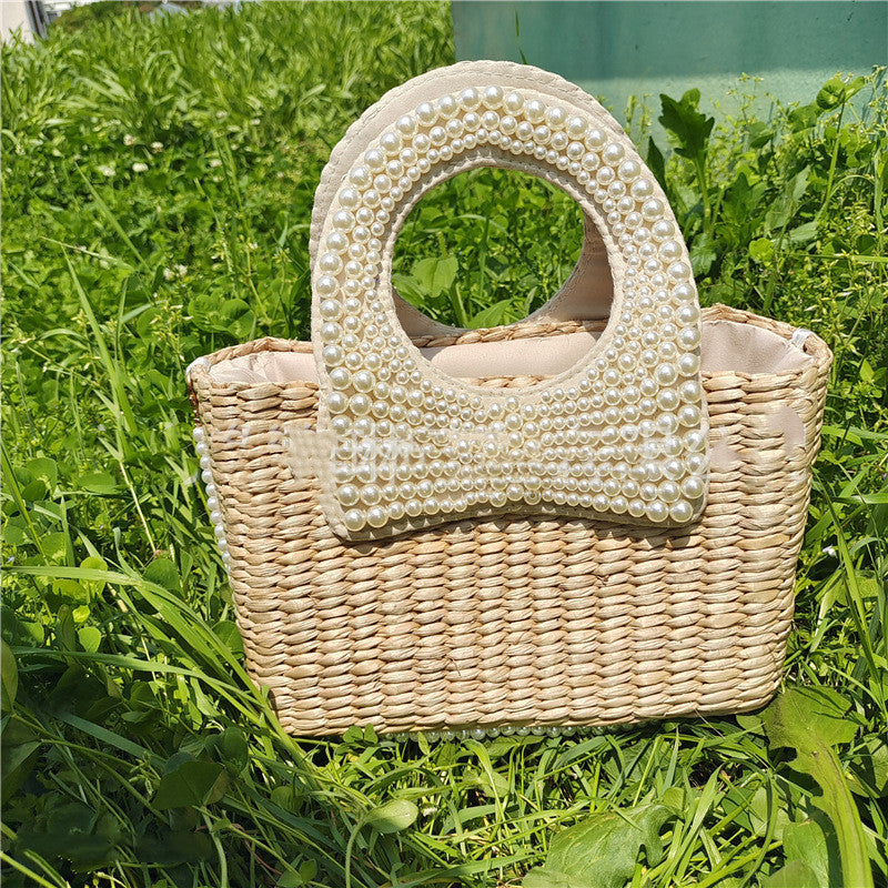 Sac de plage d'été en paille tressée avec nœud et perles