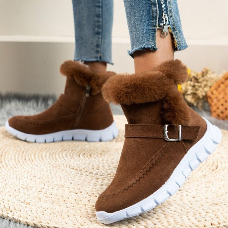 Nuevas botas de nieve de invierno cálidas y gruesas, botines de felpa de color sólido con diseño de hebilla y zapatos planos de terciopelo para mujer