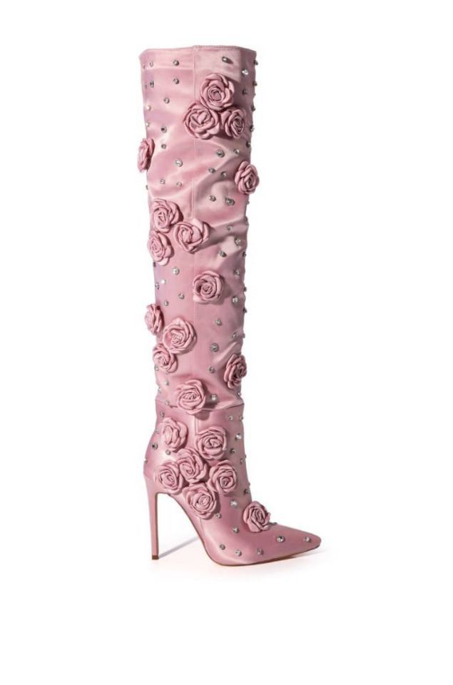 Bottes au-dessus du genou en tissu de soie avec rivets roses