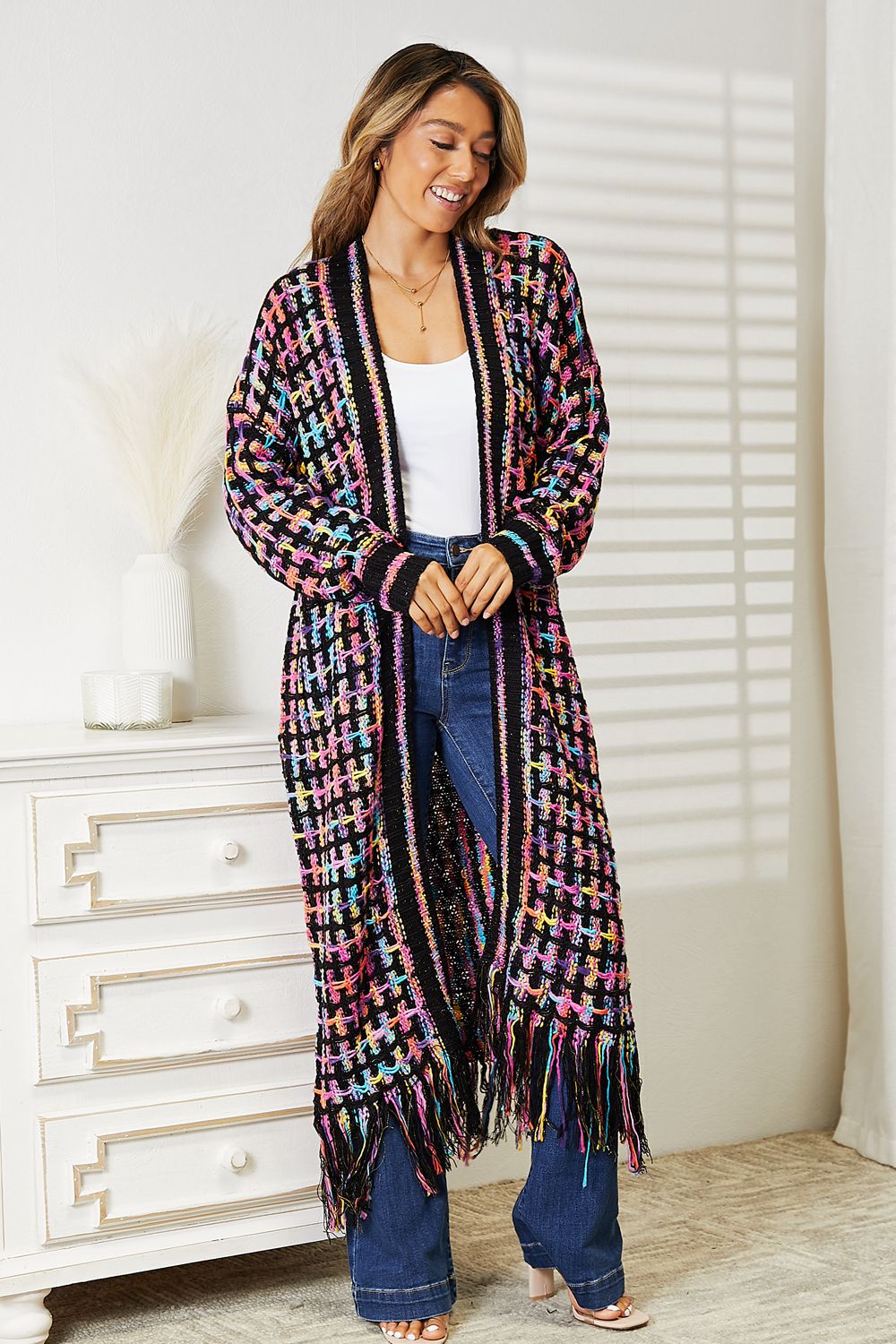 Full Size Multicolored Open Front Fringe Hem Cardigan