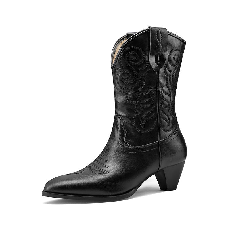 Botas altas estilo western con tacón alto y bordado de moda