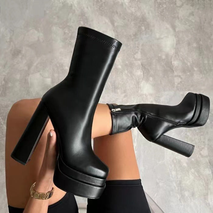 Bottes courtes à talons épais et super hauts en cuir imperméable double pour femmes Bottes à bout carré pour femmes