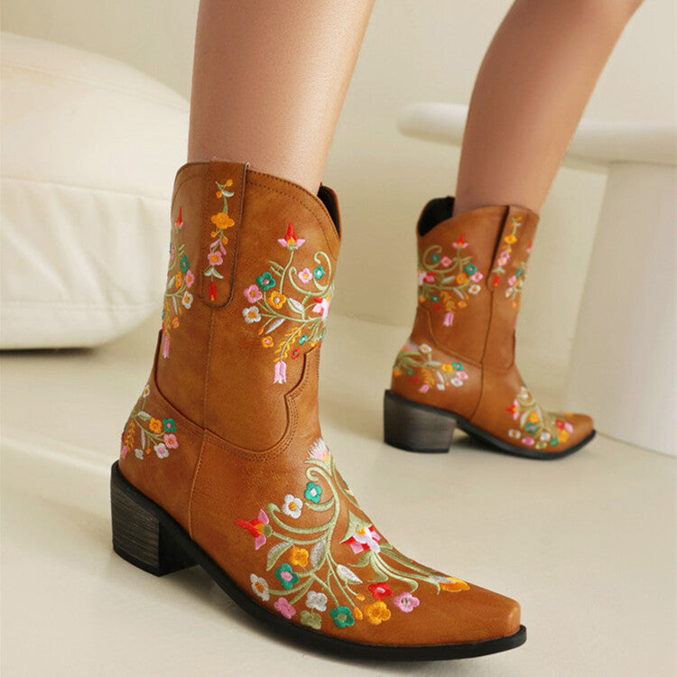 Botas de caballero estilo retro étnico con tacón grueso y cabeza cuadrada, bordadas y de colores a juego