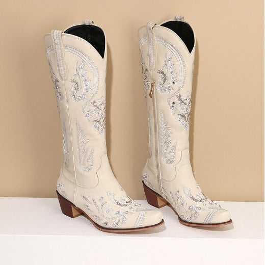 Embroidered Western Denim Retro Women's Knee-length Boots