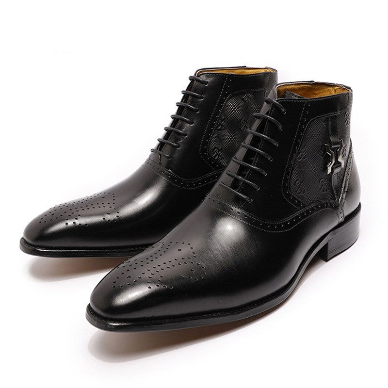 Men's Pointed Leather Boots Front Lace-up  Boots