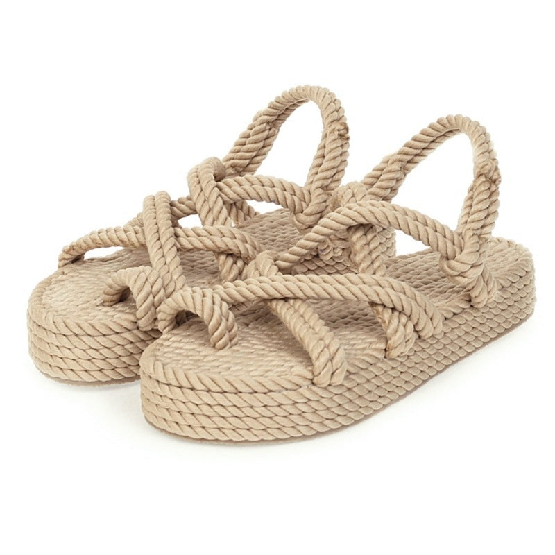 Sandalias bohemias para mujer con plataforma plana de cuerda de cáñamo