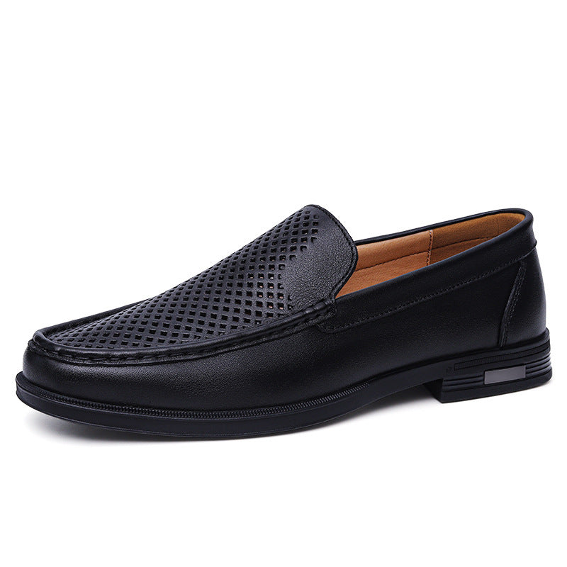 Mocasines de piel de vaca para hombre, estilo británico, para negocios, sin cordones, con agujeros, transpirables