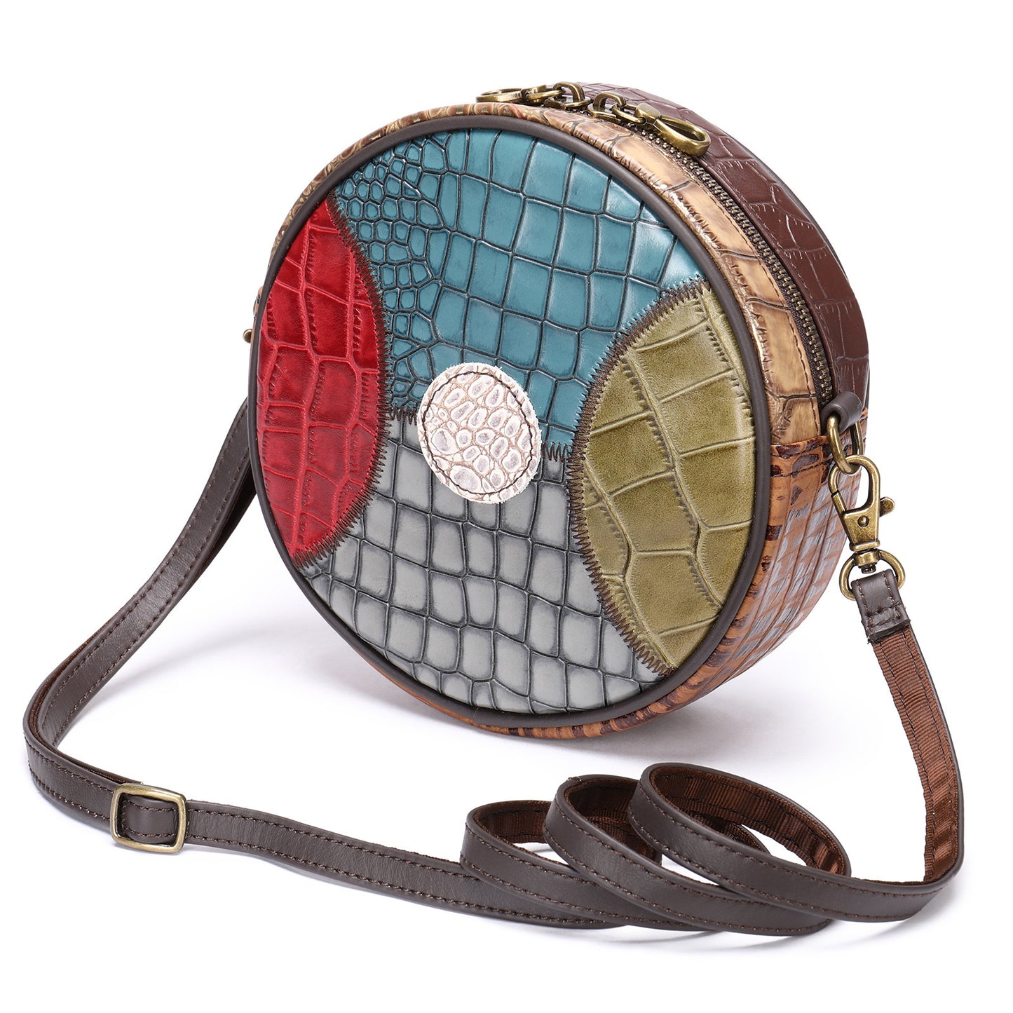 Top Layer Cowhide Small Round Bag Pattern One Shoulder Crossbody