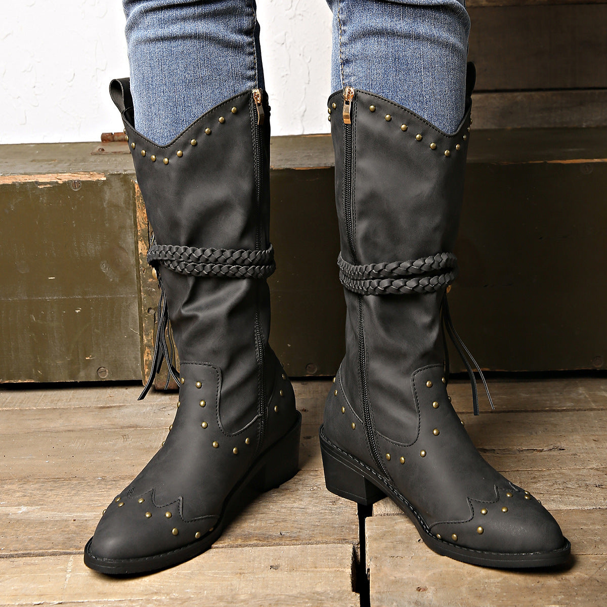 Bottes à pompon rétro avec boucle en corde tressée, chaussures d'hiver, nouvelles bottes western mi-mollet pour femmes