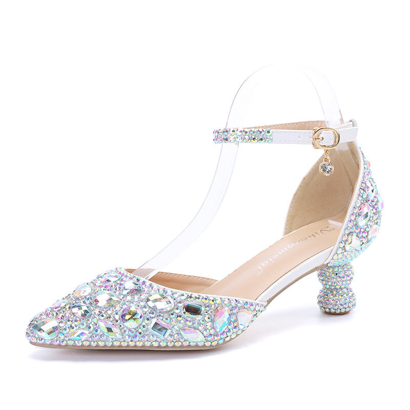 Chaussures basses d'été pour femmes, nouvelles chaussures à talon pointu en gourde de couleur bleue avec strass multicolores, mode mariage banquet