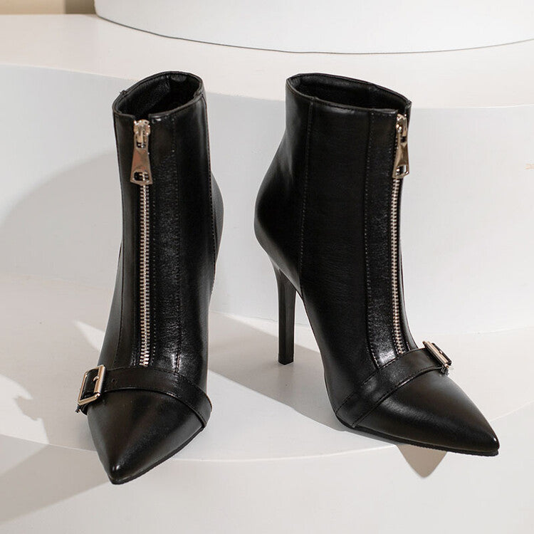 Belt Buckle Front Zipper High Heel Boots