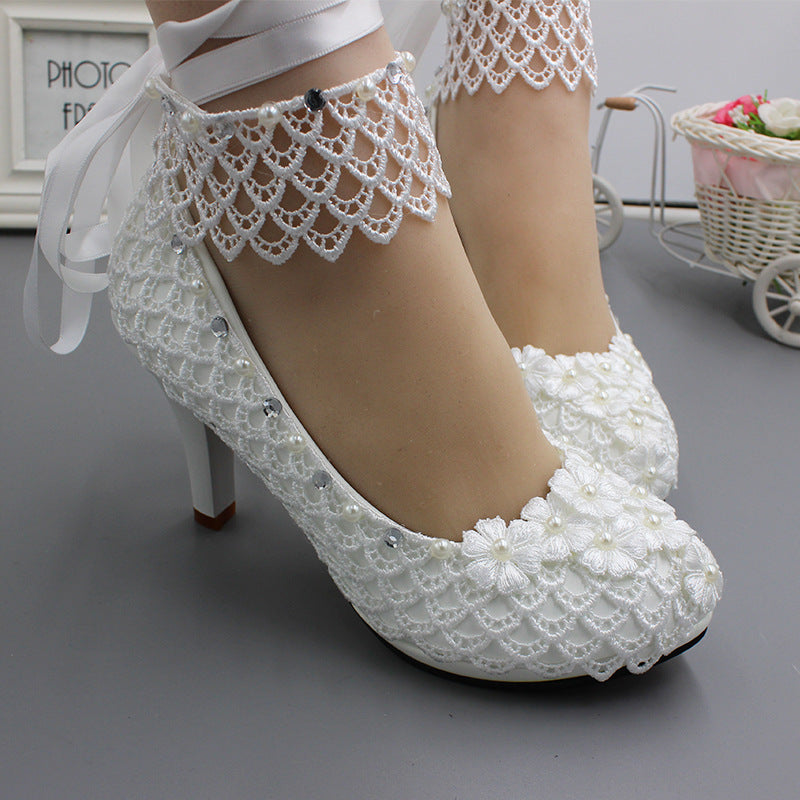 Lace-up White Wedding Dress Plus Size High Heel Women's Shoes