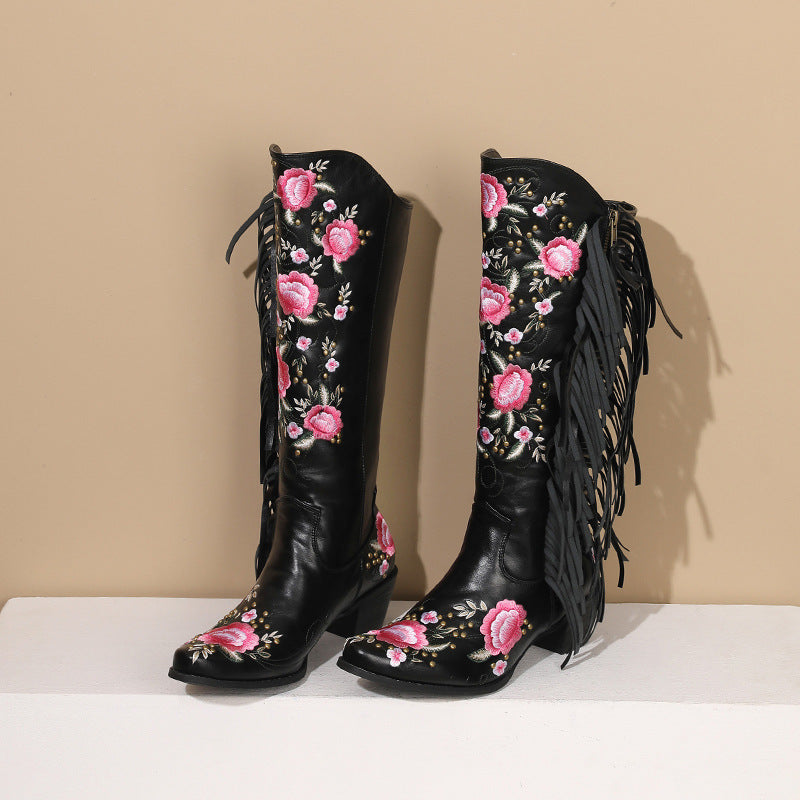 Embroidered Rivet Tassel Sleeve Western High Boots