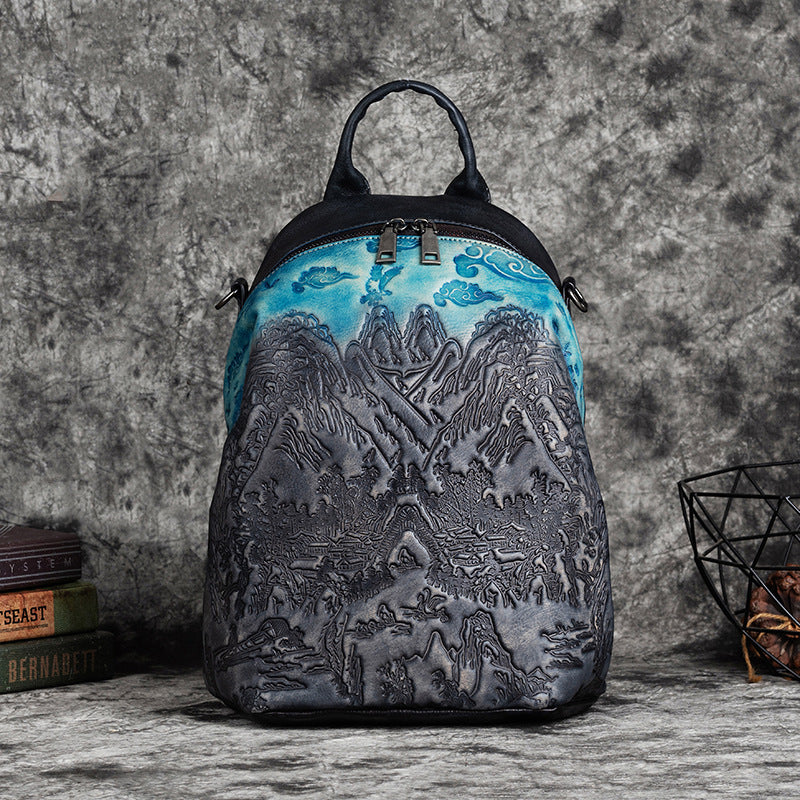 Vintage-embossed Vegetable Tanned Leather Backpack In Cowhide