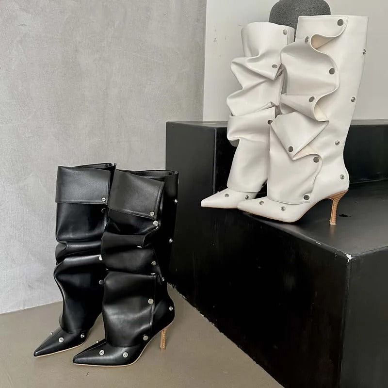 Bottes à talons aiguilles plissées en denim à coutures à boucle pour femmes