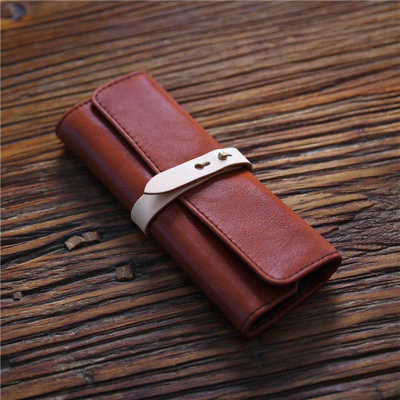 Estuche para lápices de cuero genuino para hombres hecho a mano con capa superior de piel de vaca tipo rollo