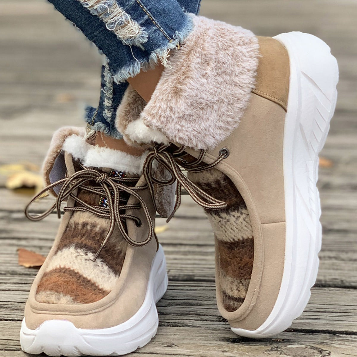 Lace-up Snow Boots Women's Fuzzy Mied-color Soft Sole Platform Thermal Lined Shoes Winter Non-slip Plush Boots