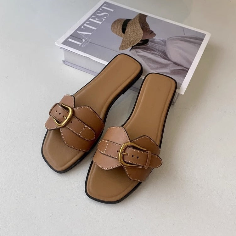 French Flat Slippers Women's Summer Wear Retro Buckle Sandals Lazy Casual Vacation Beach Shoes