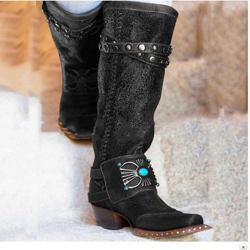 Ethnic Style Large Size Thick Heel Rivet Boots