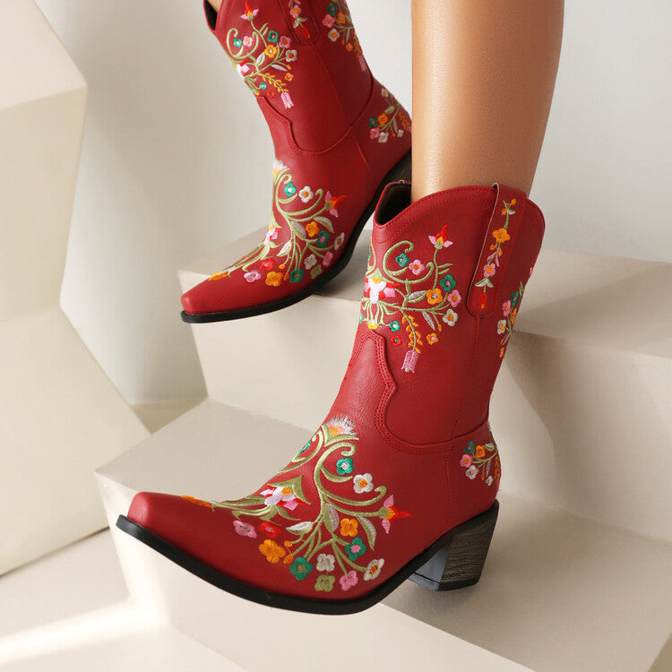 Botas de caballero estilo retro étnico con tacón grueso y cabeza cuadrada, bordadas y de colores a juego