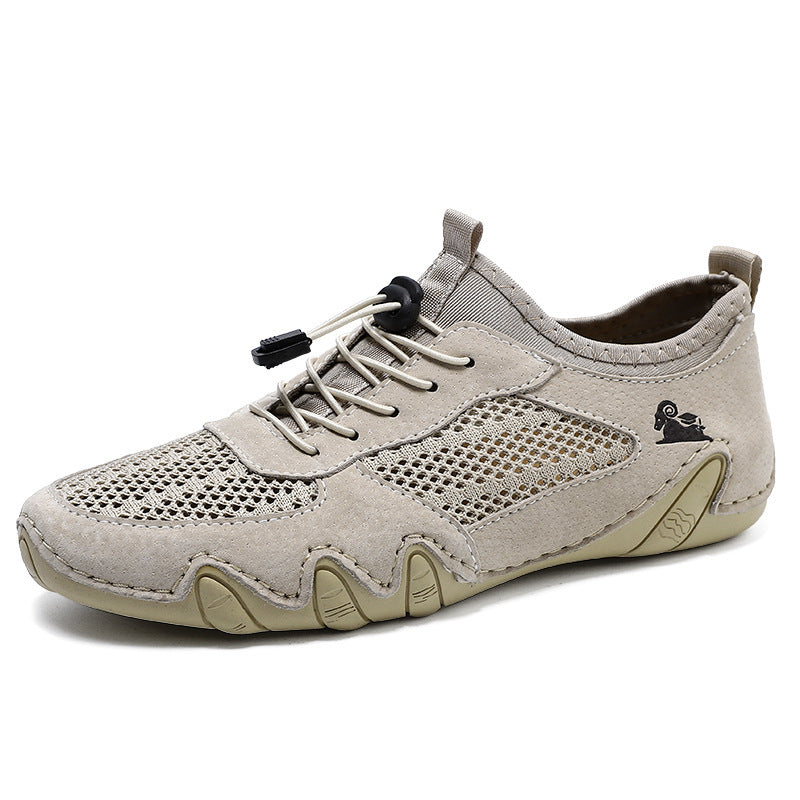 Zapatos deportivos casuales de malla de cuero cosido para hombres