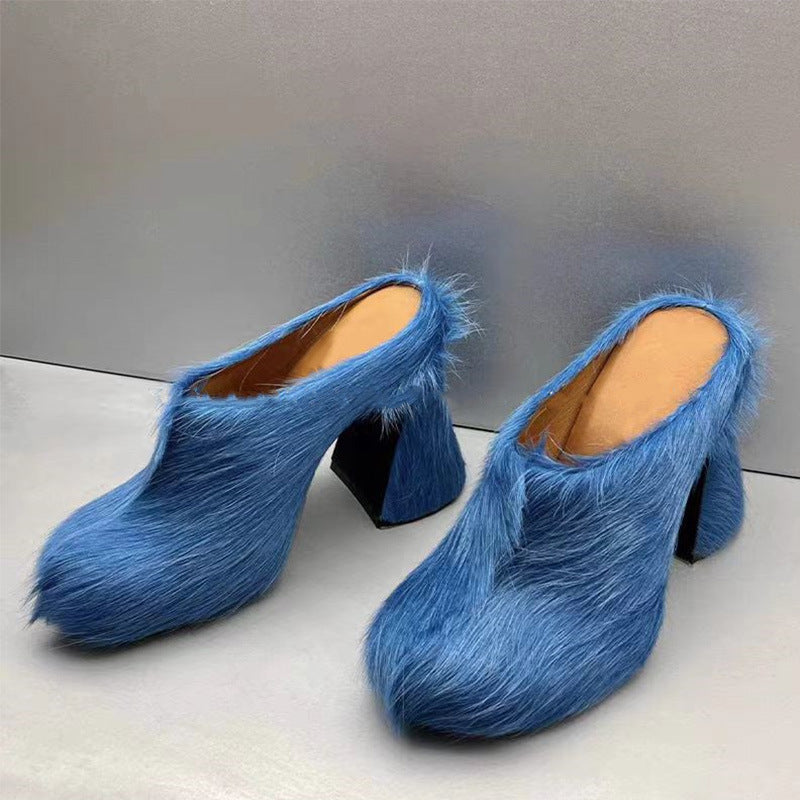 Closed Toe Horsehair Chunky Heel Waterproof Platform Slippers