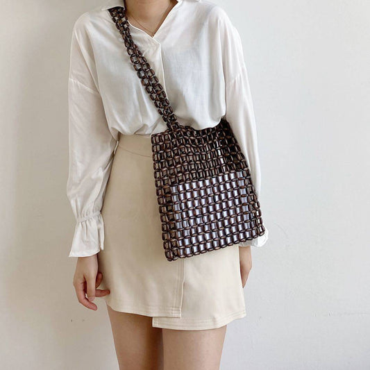 Hand-woven Niche Design Wood Beaded One-shoulder Diagonal Bag