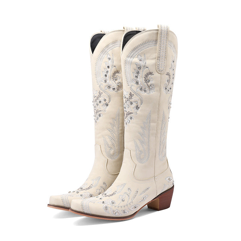 Embroidered Western Denim Retro Women's Knee-length Boots