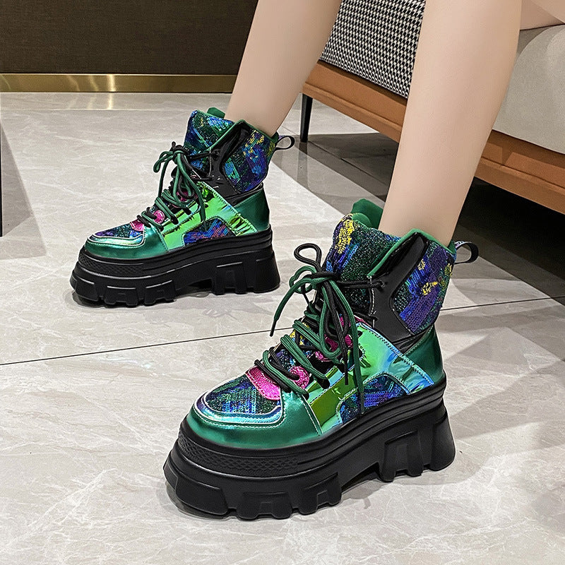 Women's New Bright Color Contrast High-top Shoes Fashion High-heeled Martin Boots