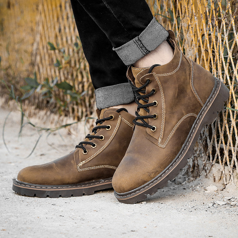 Botas de cuero vintage para hombre, zapatos de trabajo de caña alta