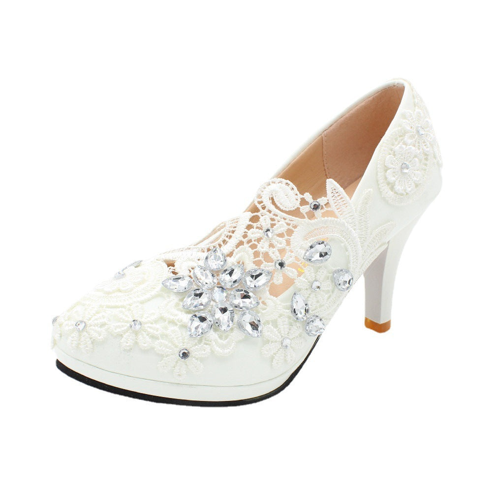 White Wedding Shoes High Heel Round Head Lace Rhinestones