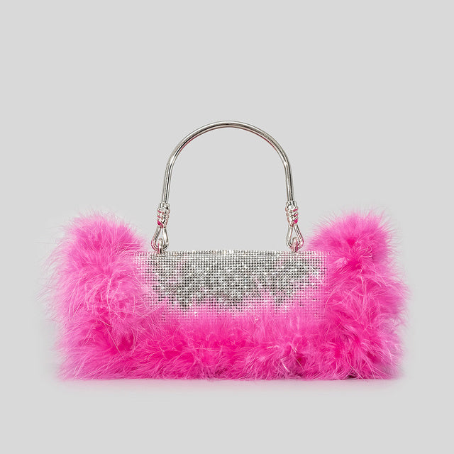 Ostrich Hair Rhinocaster Bag Female Mink Hair Inlaid With Diamond Full Drill Single Shoulder Crossbody