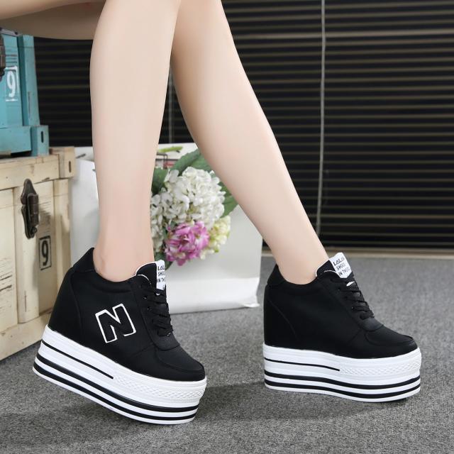 Inner Height Increase 12cm Shoes Women's Thick Sole Lace Up