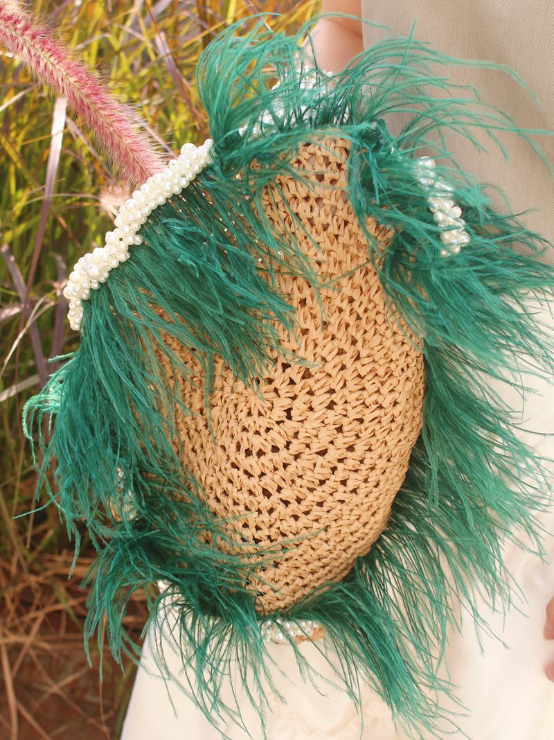 Sac pour femme en paille naturelle fait main avec des poils d'autruche et des perles