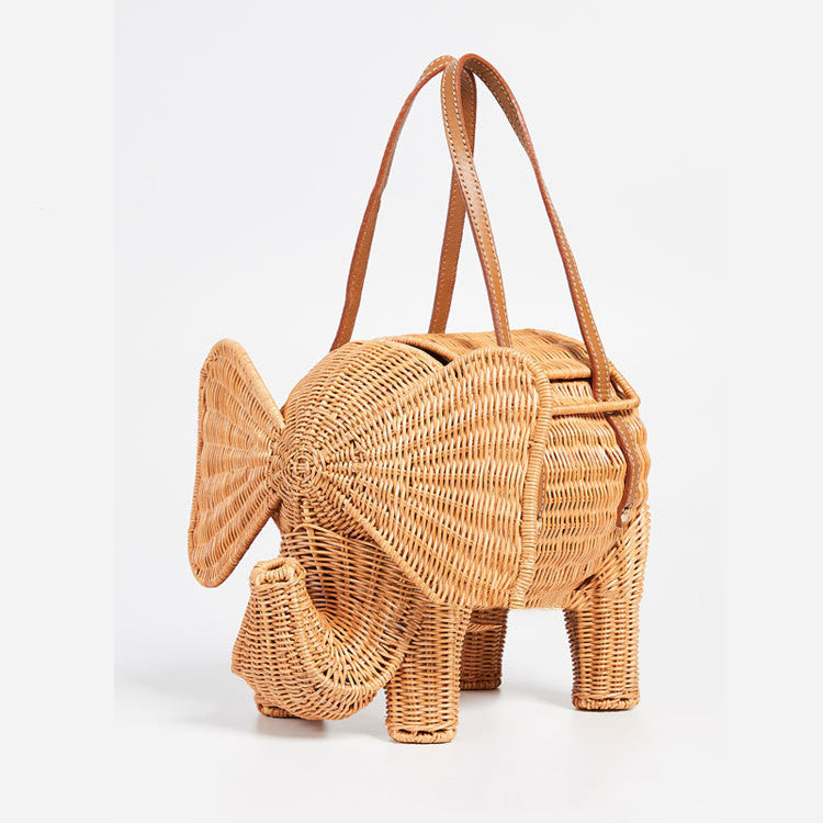 Bolso de mano de ratán con forma de elefante para mujer en color liso