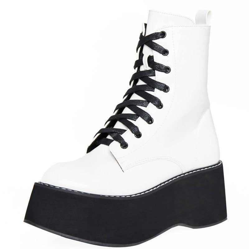 New Fashion Women's Patent Leather Lace-up Platform Ankle Boots