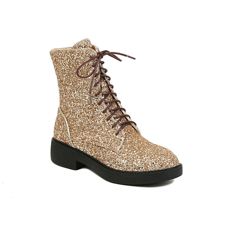 Autumn And Winter New Martin Boots Sequined Round Toe Low Heel Thick Heel Front Lace-up Women's Ankle Boots