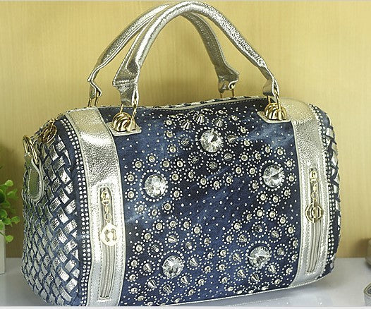 Sac en jean Ceinture en toile Strass Tressé Rivet Seau rond Bandoulière Épaule