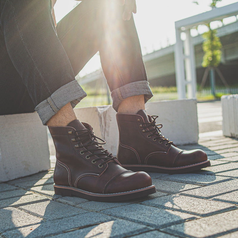 Botas Martin de piel de vaca retro, botas militares de cuero encerado con aceite para hombres, botas de trabajo